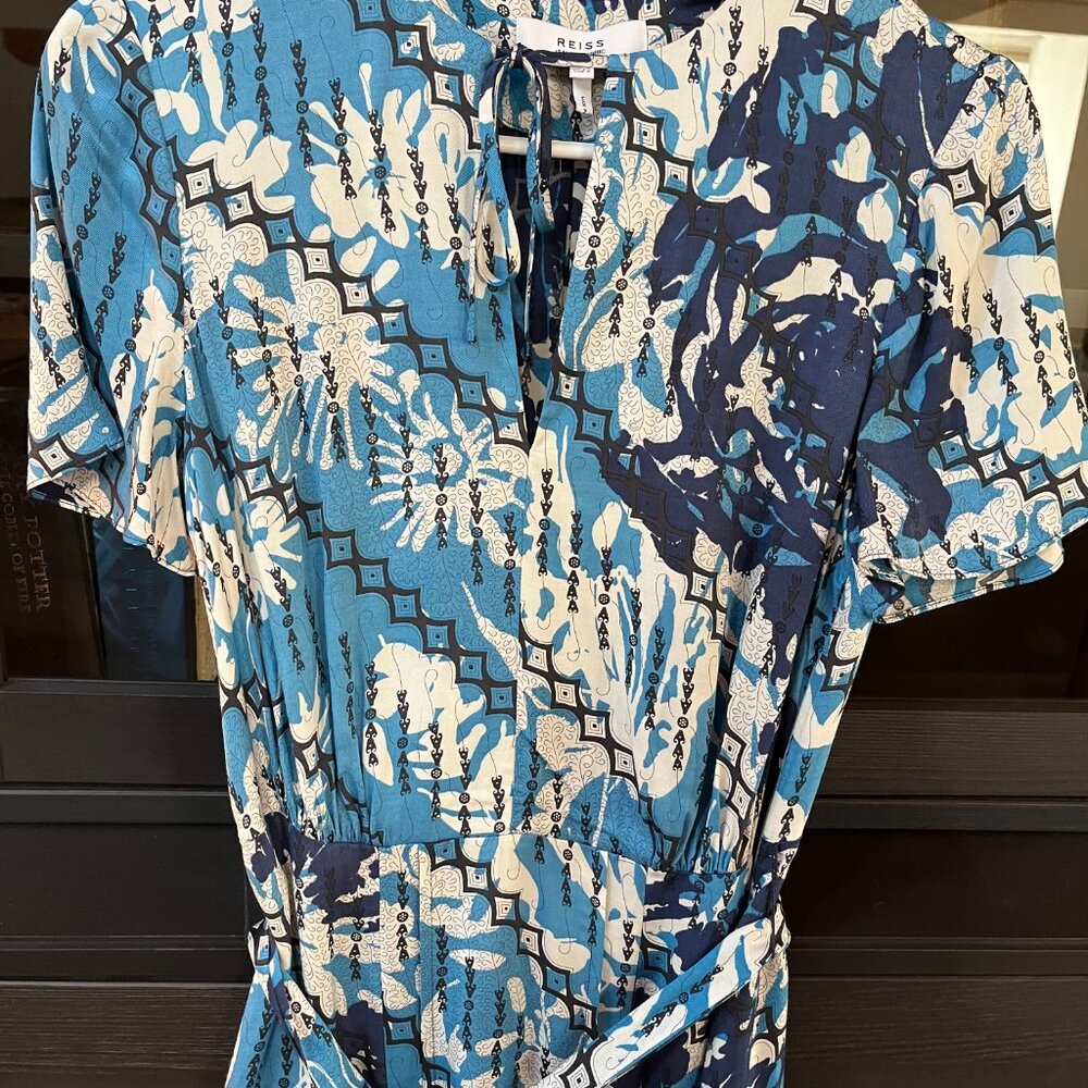 Fun blue-and-ivory short print summer dress from Reiss